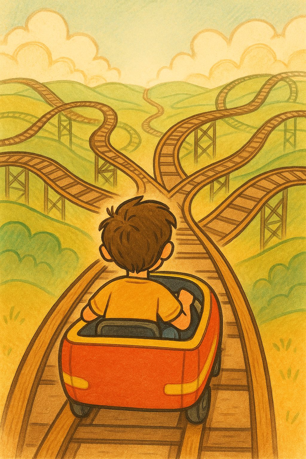 Image of a boy in a coaster car, two branches ahead - which will he choose? Cartoon image by DALLE and the authors.